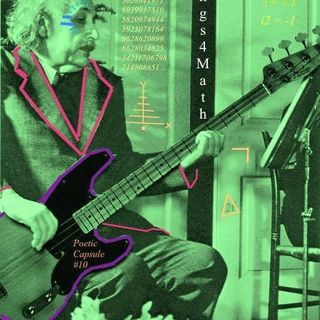 Collage, Albert Einstein in a suit playing bass and wearing make-up with his typical wild hair.