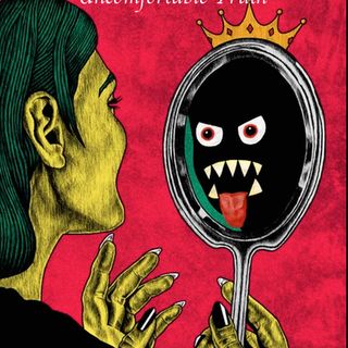 Illustration, a woman looking at a monster in the mirror.