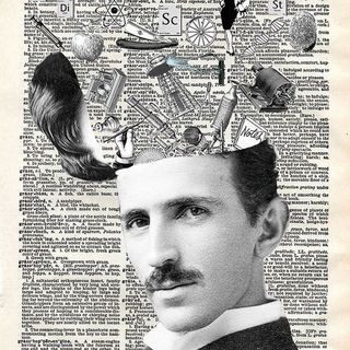 An image of Nicola Tesla, on a dictionary background. His skull is open and many of his tools & inventions are flying out.