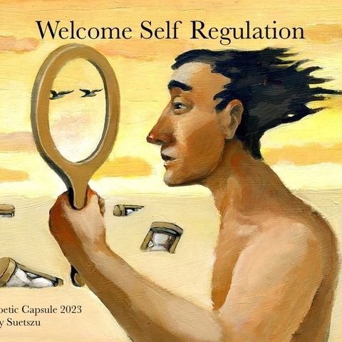 Illustration. A male looking at a transparent mirror, birds behind, in the desert, hourglasses sunk in the sand.